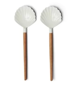 Saladebestek 2-Delig Opscheplepel Schelp - Beach Shell - Wit/ Bruin